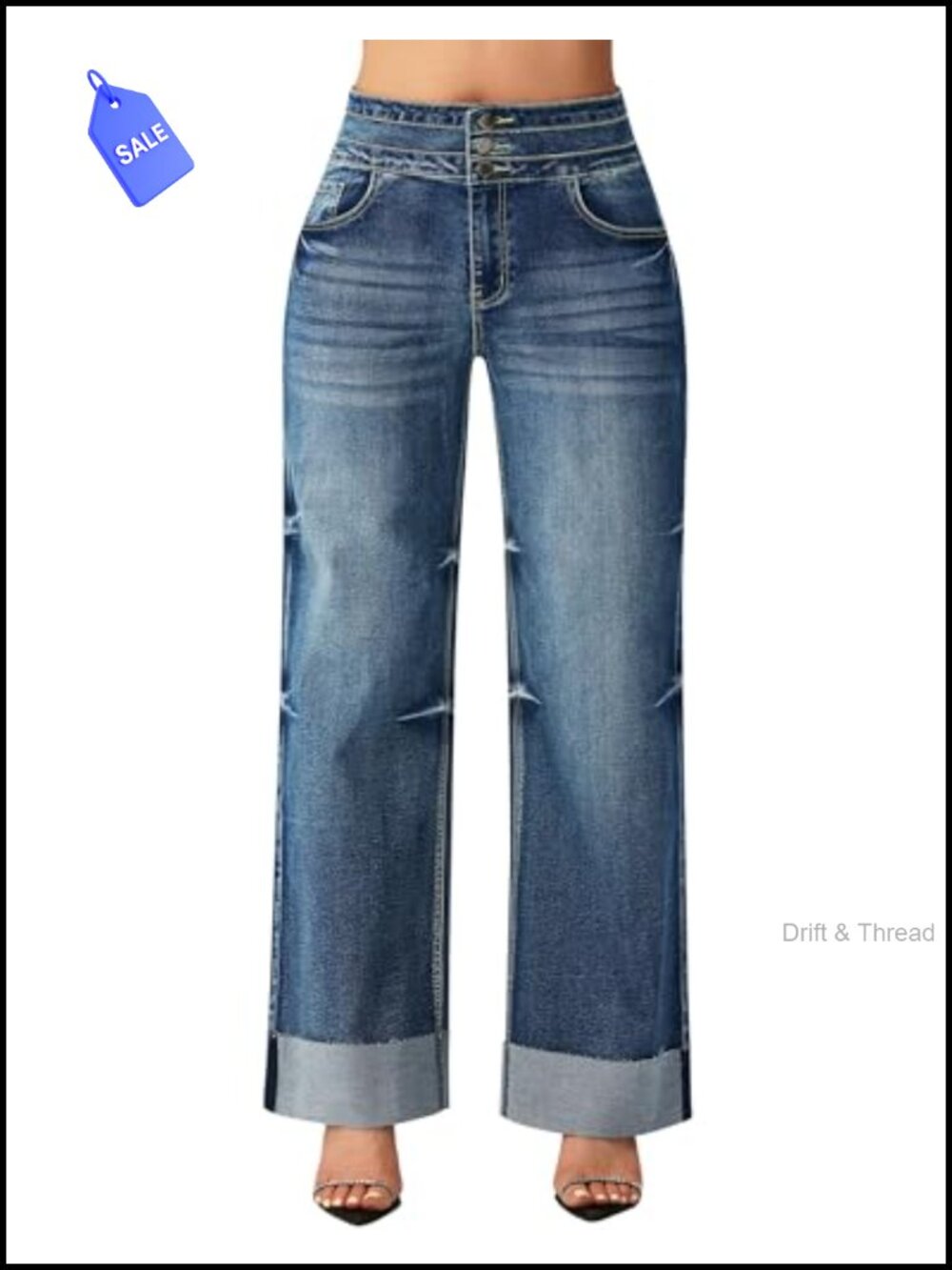 High Waisted Wide Leg Jeans Cuffed Hem Five Pocket